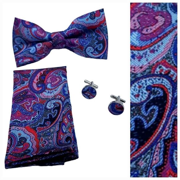 Bow Tie Pocket Square Cufflink 3pc Set Red Paisley Wedding Formal Prom Tux - Picture 1 of 11